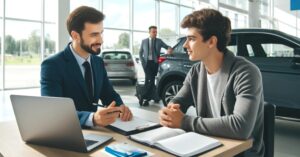 A customer discussing a car purchase with a dealer in a professional auto dealership office