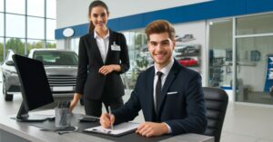 A professional auto dealership office with a friendly staff member assisting a customer